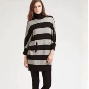 TORY BURCH Grey and Black Stripes Merino Wool Sweater Dress Turtleneck